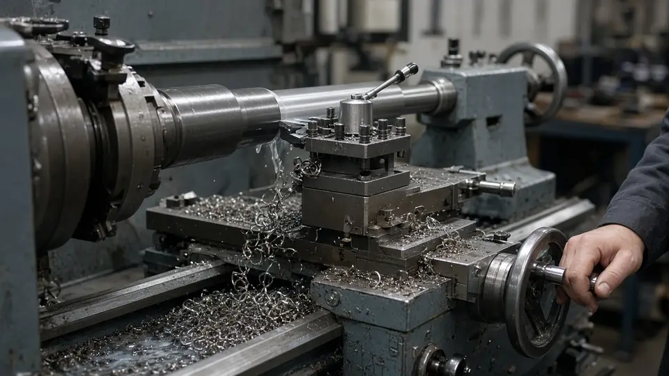 Lathe turning a steel shaft